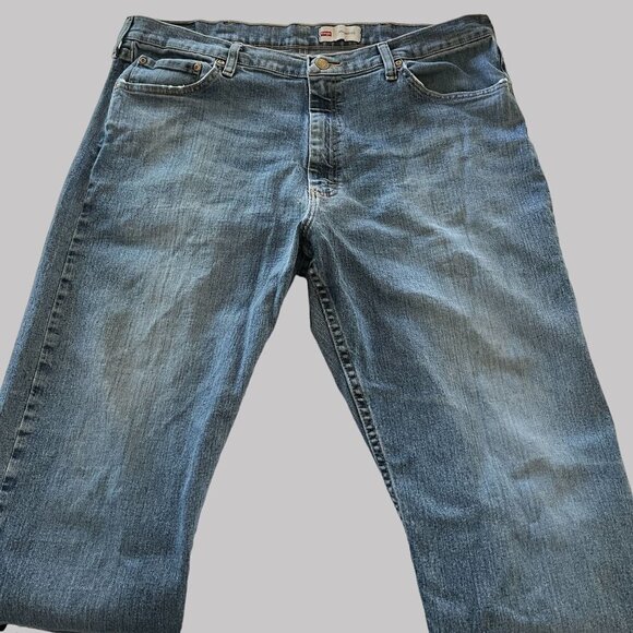 Mens 38x32 Wrangler Distressed‎ Relaxed Fit 90s Blue Gunshot Style - Picture 7 of 12